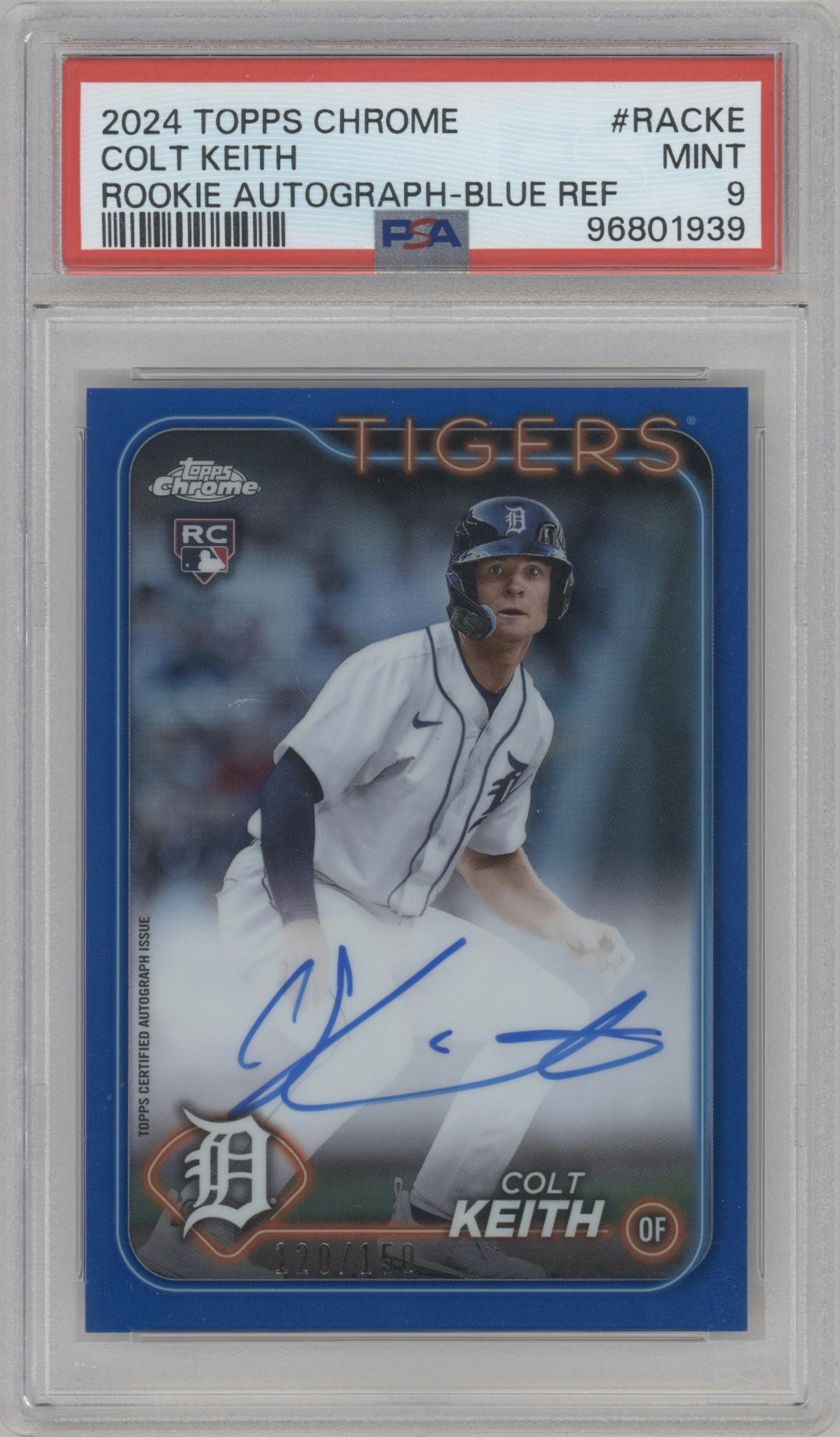 Colt Keith from the 2024 Topps Chrome set featuring a Blue Refractor parallel graded by PSA and given an overall grade of 9.