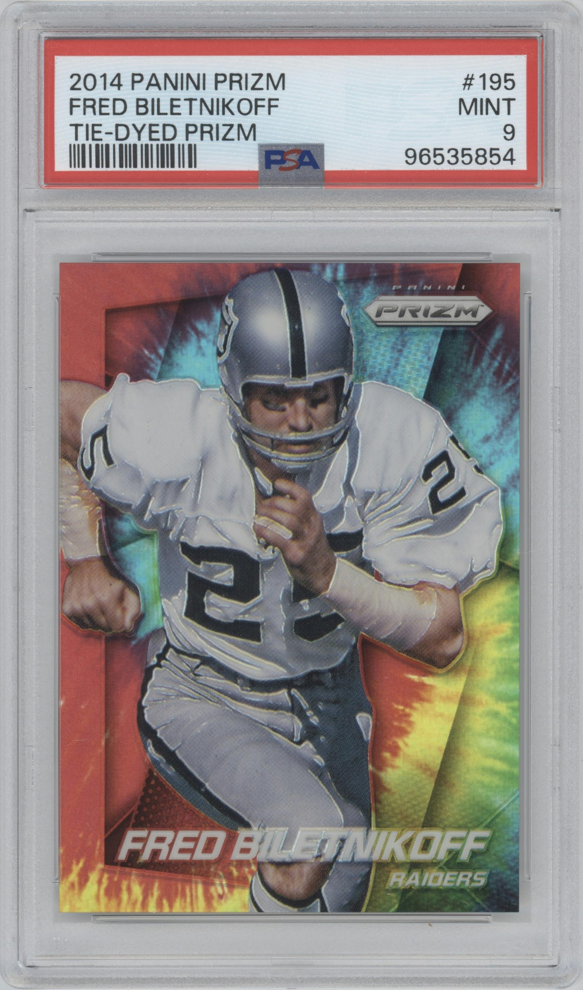 Fred Biletnikoff from the 2014 Panini Prizm set featuring a Tie-Dye parallel graded by PSA and given an overall grade of 9.