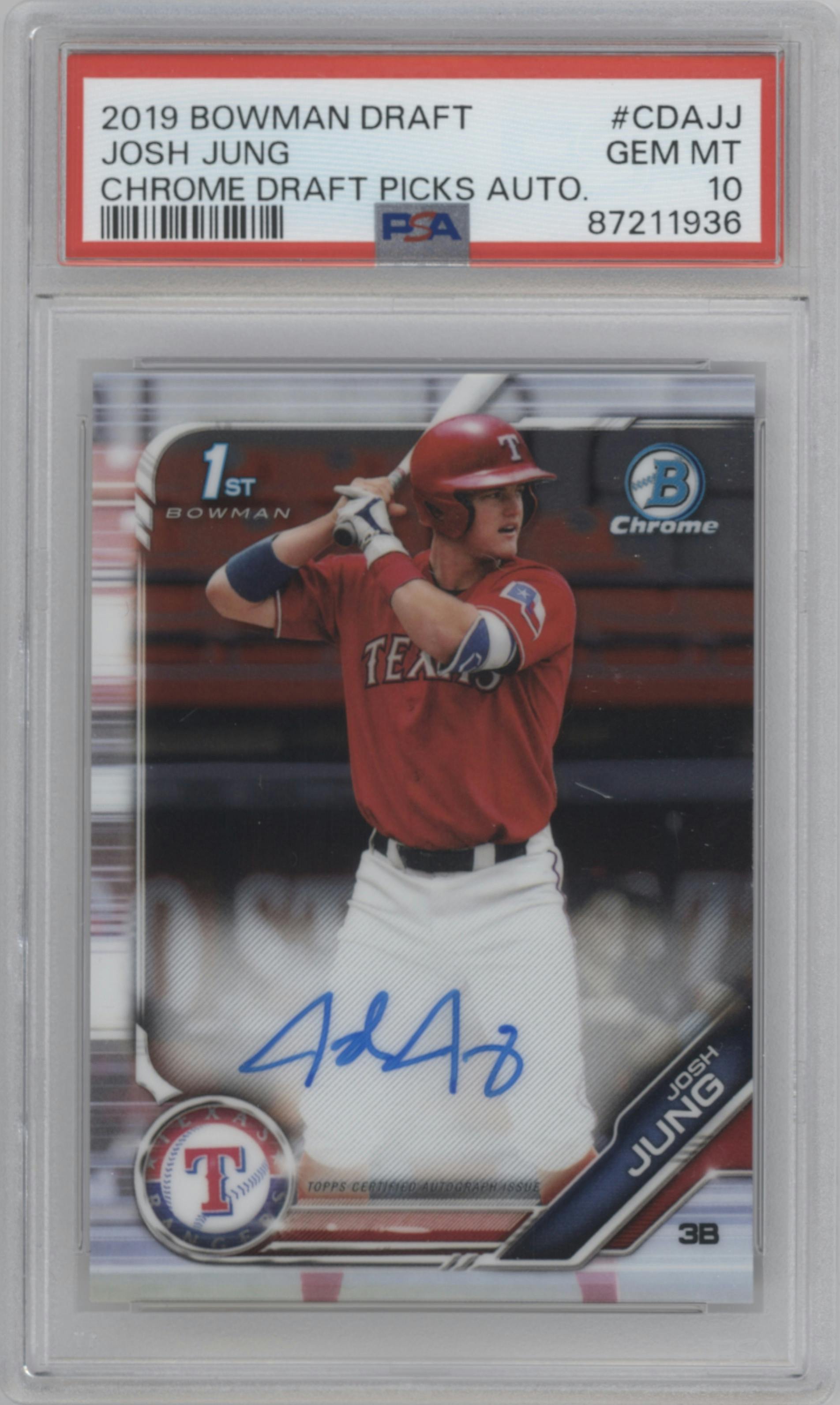Josh Jung from the 2019 Bowman Draft set graded by PSA and given an overall grade of 10.