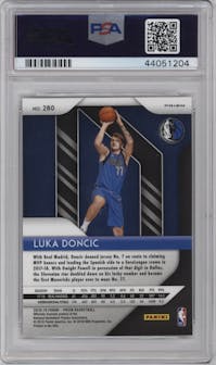 Luka Doncic from the 2018-19 Panini Prizm set featuring a Ruby Wave parallel graded by PSA and given an overall grade of 10.