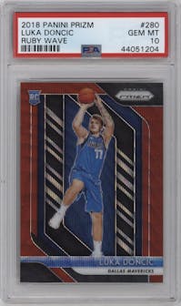 Luka Doncic from the 2018-19 Panini Prizm set featuring a Ruby Wave parallel graded by PSA and given an overall grade of 10.