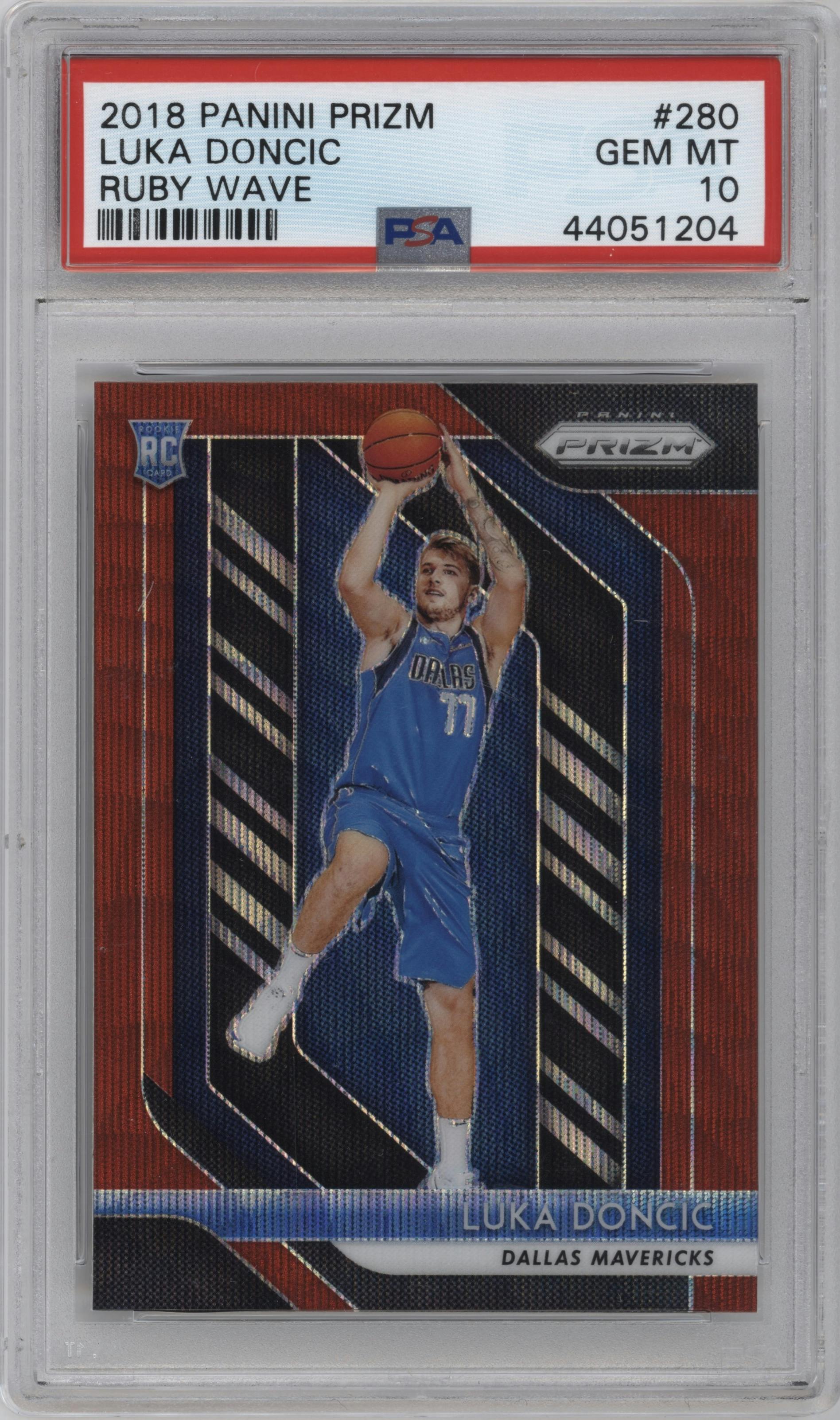 Luka Doncic from the 2018-19 Panini Prizm set featuring a Ruby Wave parallel graded by PSA and given an overall grade of 10.