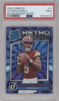Jayden Daniels from the 2024 Donruss set graded by PSA and given an overall grade of 9.