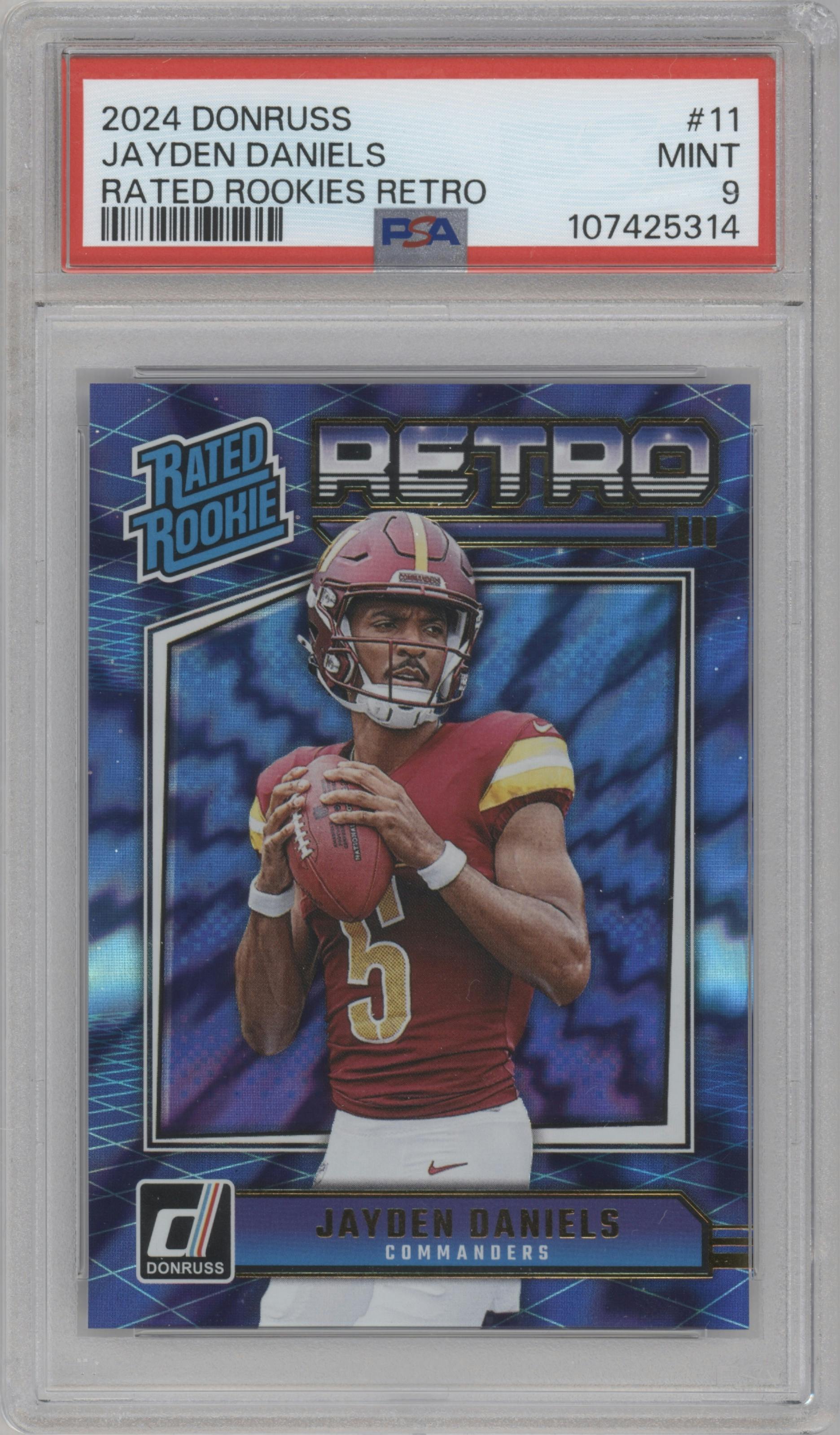 Jayden Daniels from the 2024 Donruss set graded by PSA and given an overall grade of 9.