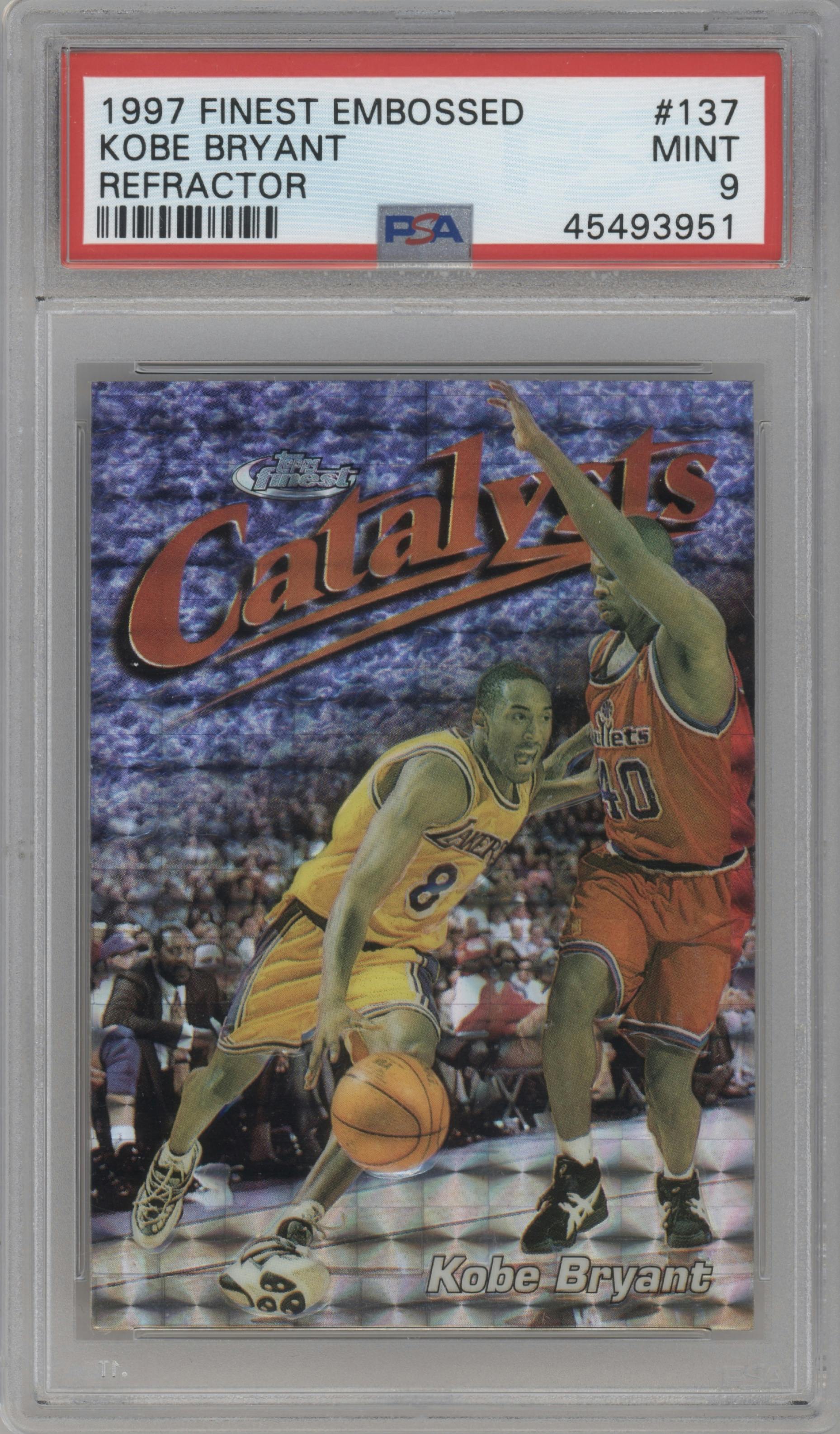 Kobe Bryant from the 1997-98 Topps Finest set featuring a Embossed Refractor parallel graded by PSA and given an overall grade of 9.