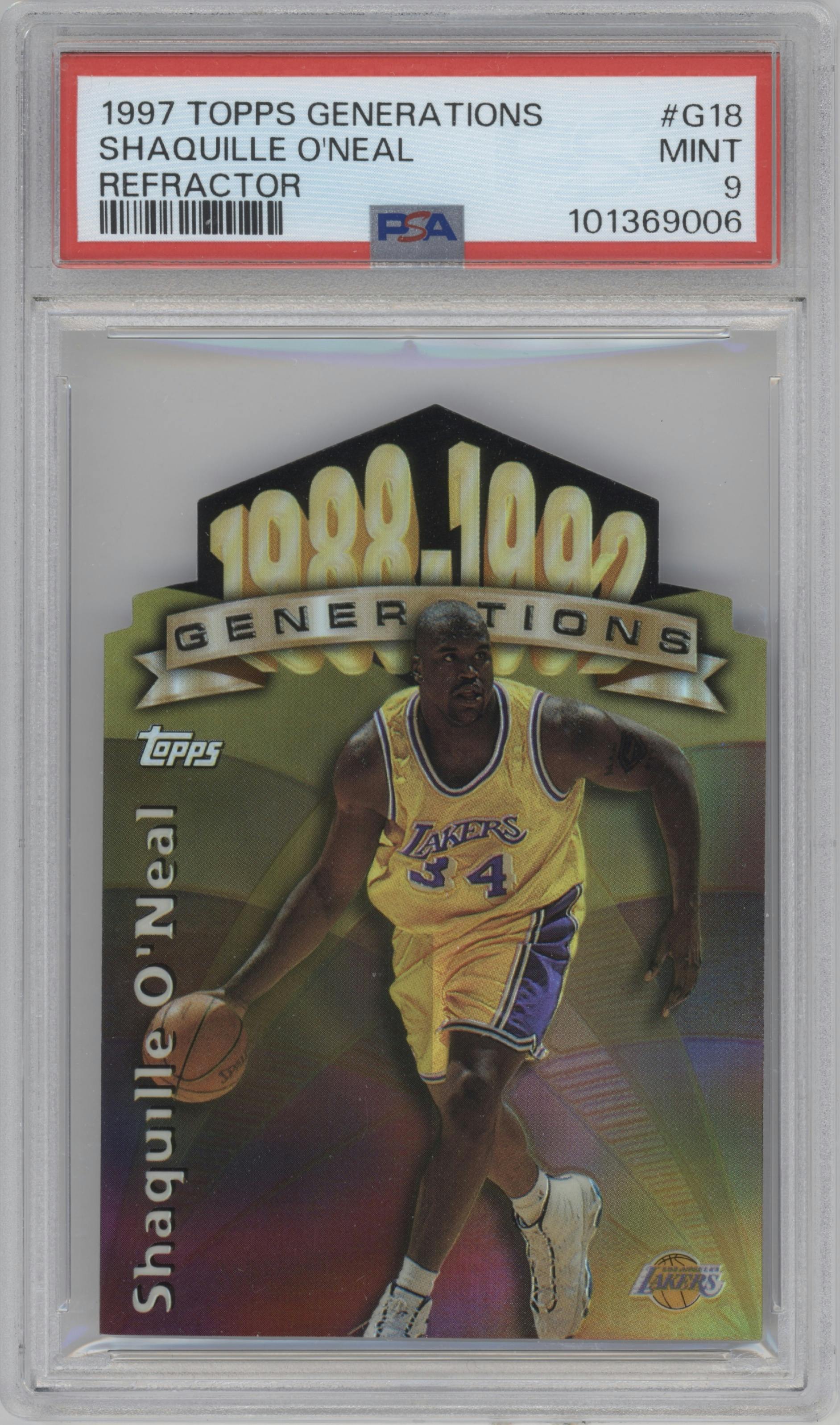 Shaquille O'Neal from the 1997-98 Topps  set featuring a Refractor parallel graded by PSA and given an overall grade of 9.