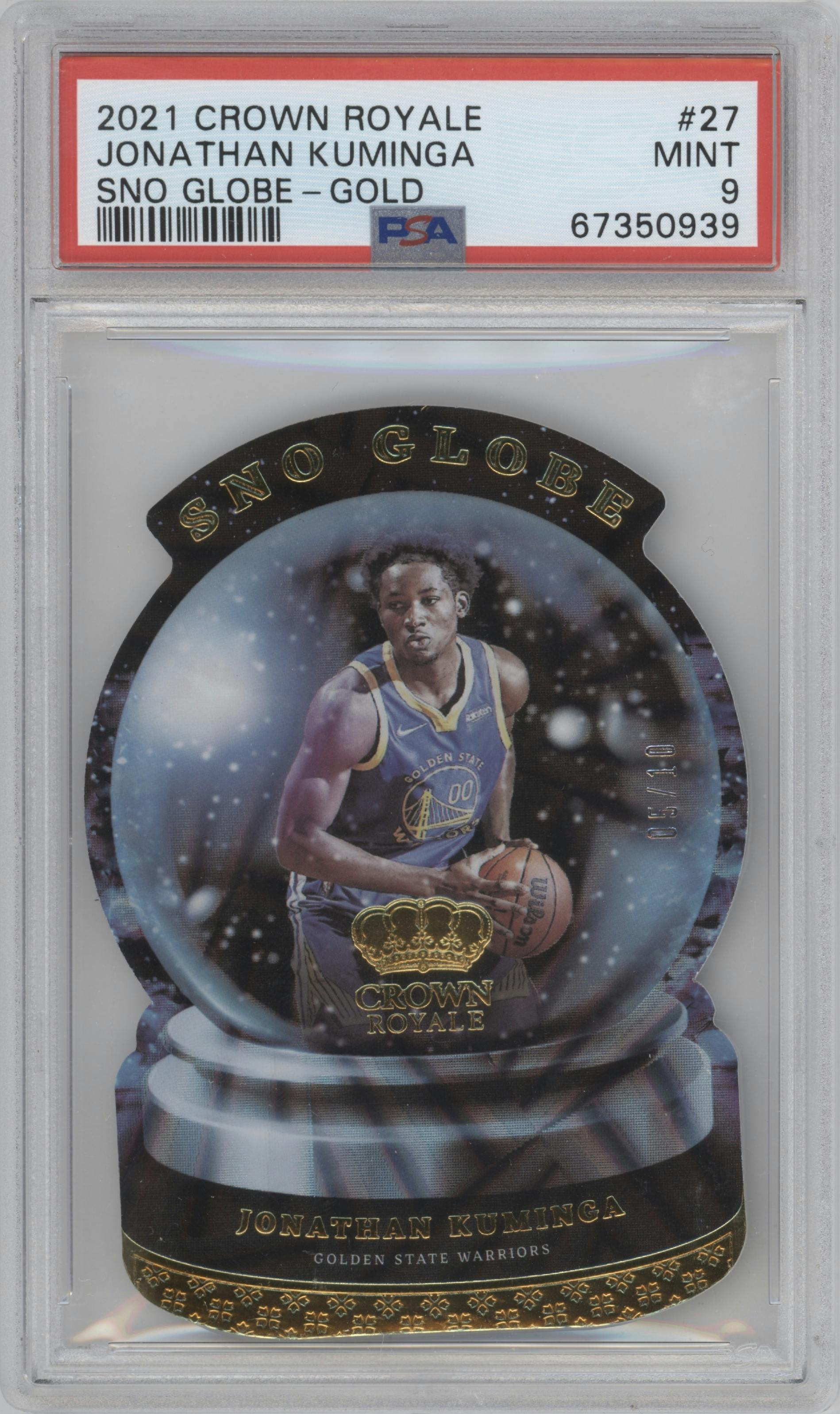 Jonathan Kuminga from the 2021-22 Crown Royale set featuring a Gold parallel graded by PSA and given an overall grade of 9.