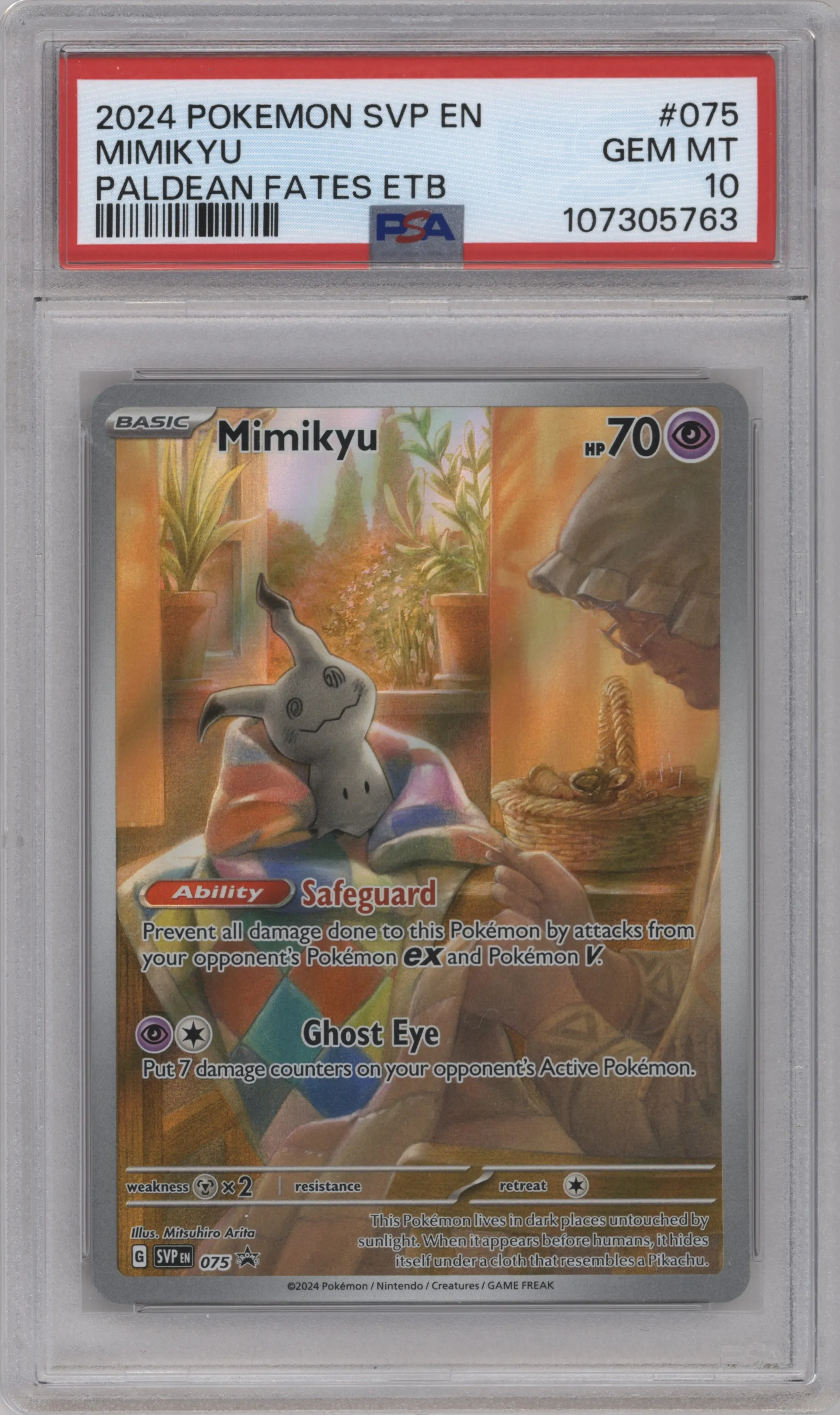 Mimikyu from the 2024 Pokemon SV set featuring a Paldean Fates Elite Trainer Box parallel graded by PSA and given an overall grade of 10.