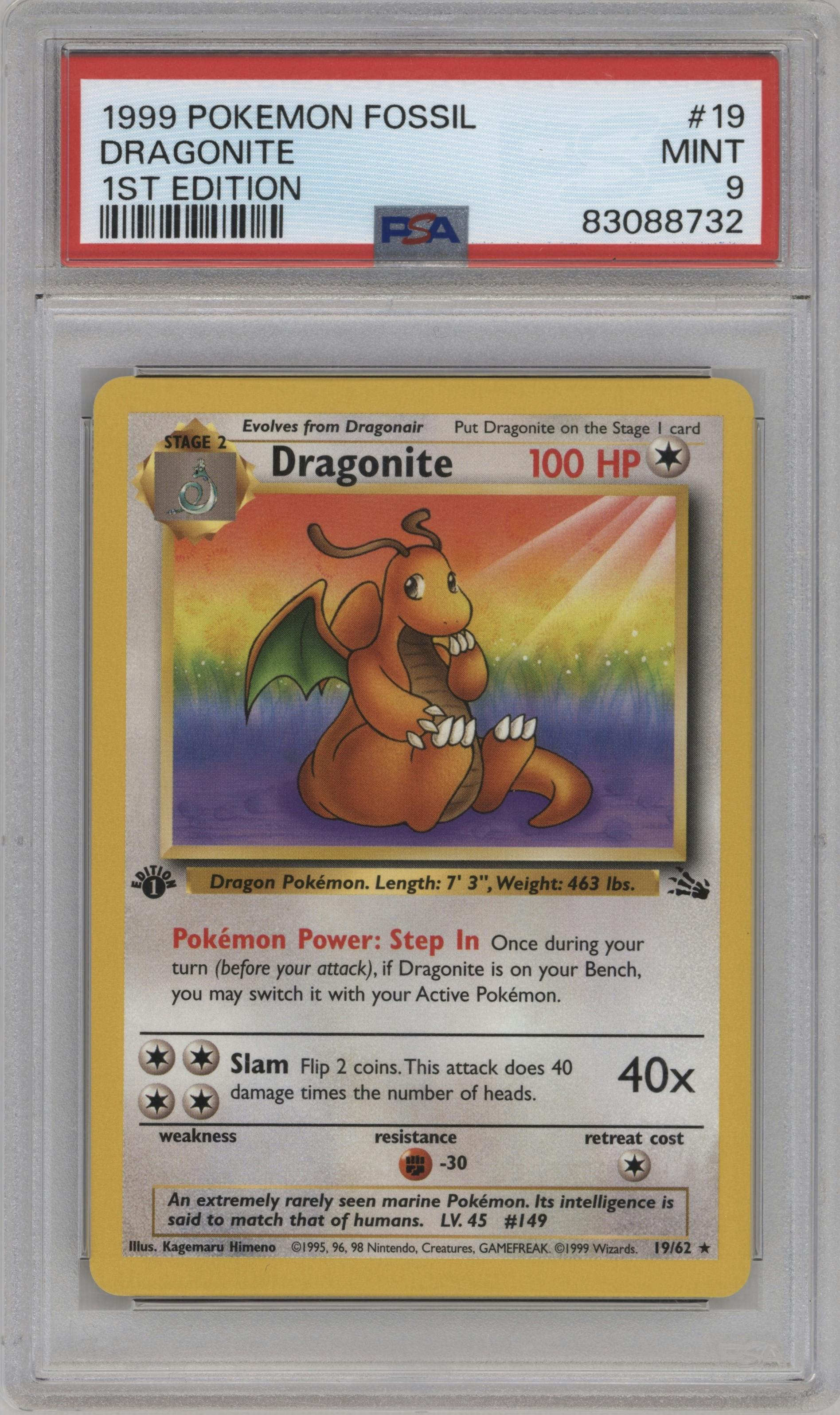 Dragonite from the 1999 Pokemon set graded by PSA and given an overall grade of 9.