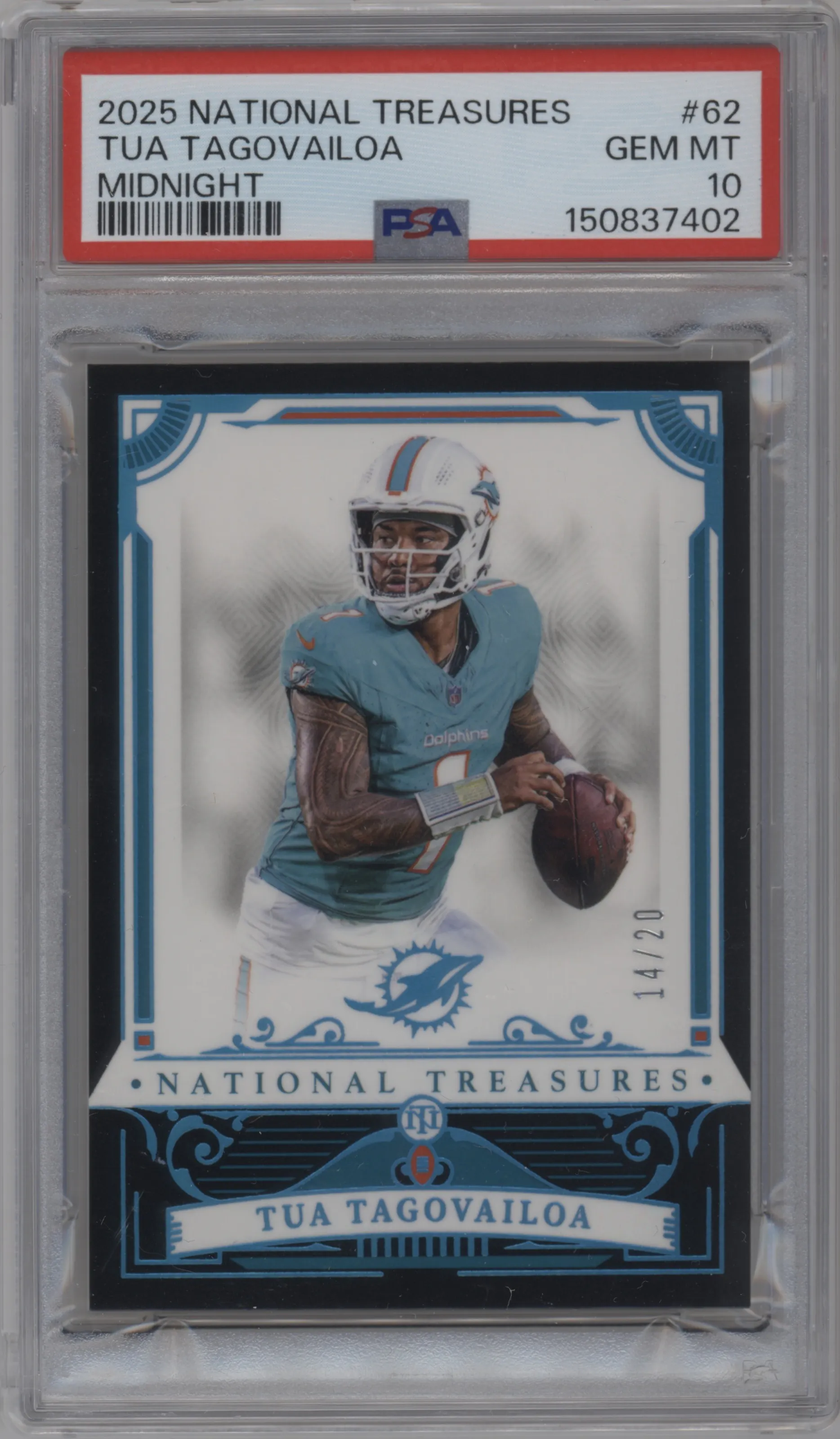 2025 Panini National Treasures Tua Tagovailoa Midnight #62 PSA 10