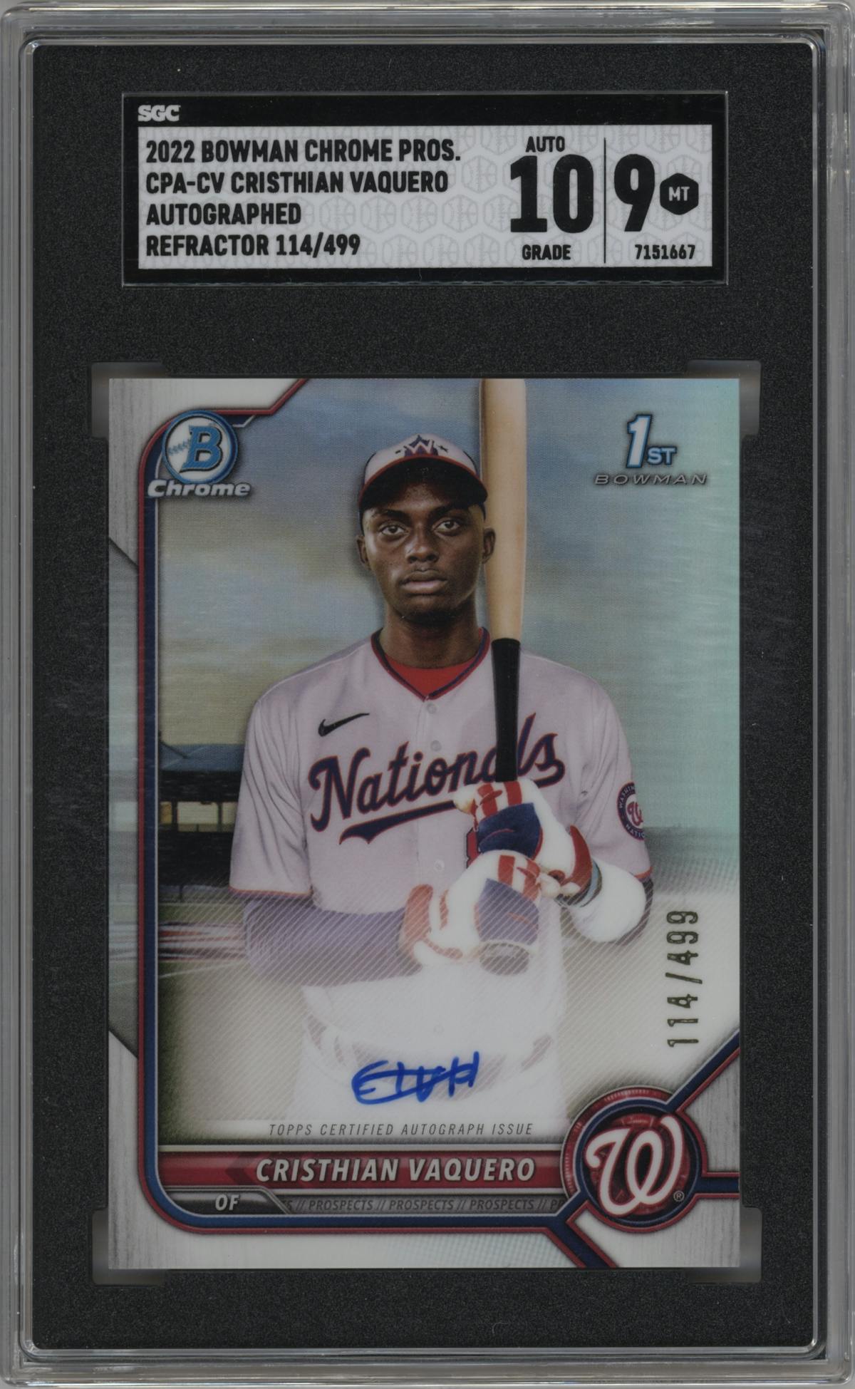 Cristhian Vaquero from the 2022 Bowman Chrome set featuring a Refractor parallel graded by SGC and given an overall grade of 9.