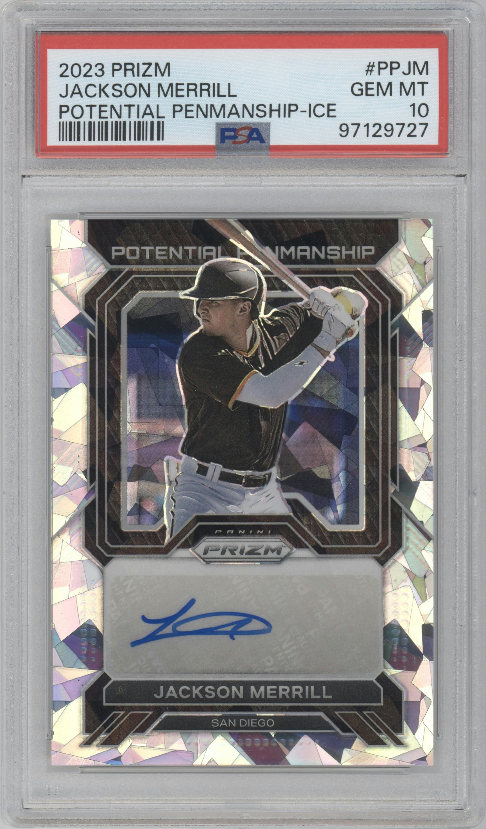 Jackson Merrill from the 2023 Panini Prizm set featuring a Ice parallel graded by PSA and given an overall grade of 10.