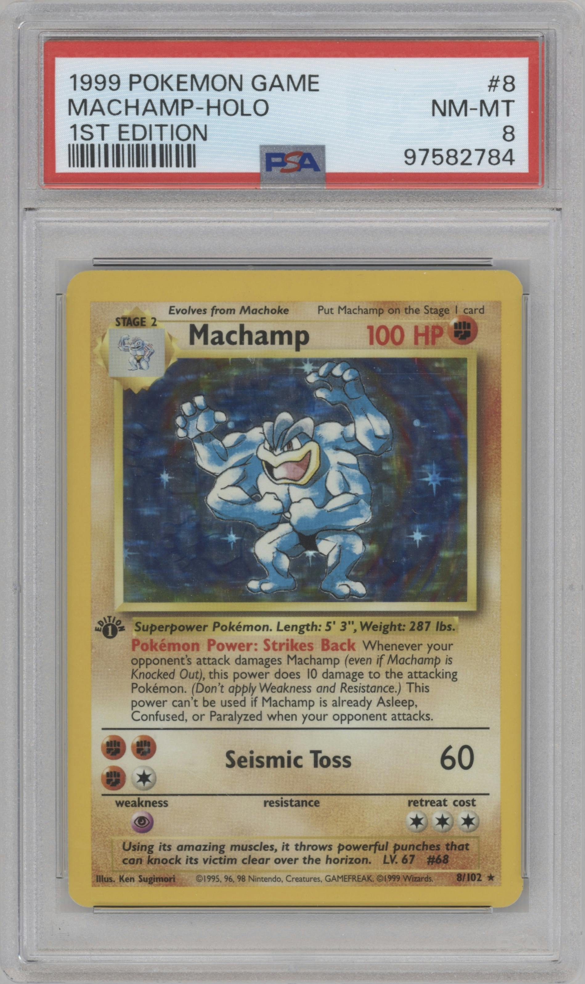 Machamp from the 1999 Pokemon set graded by PSA and given an overall grade of 8.