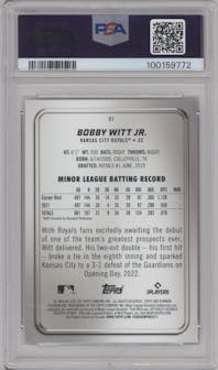 Bobby Witt Jr. from the 2022 Bowman Platinum set graded by PSA and given an overall grade of 10.