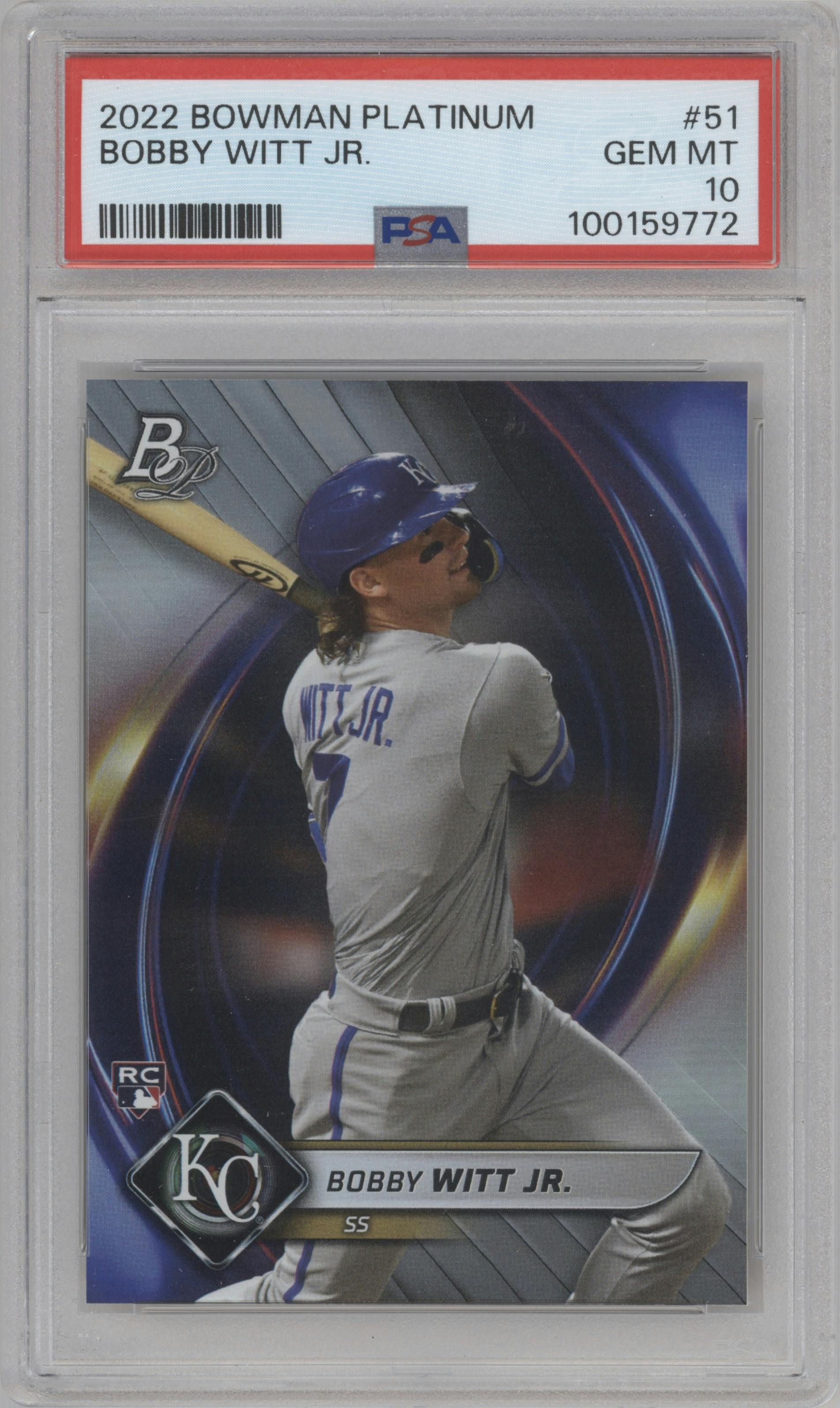 Bobby Witt Jr. from the 2022 Bowman Platinum set graded by PSA and given an overall grade of 10.