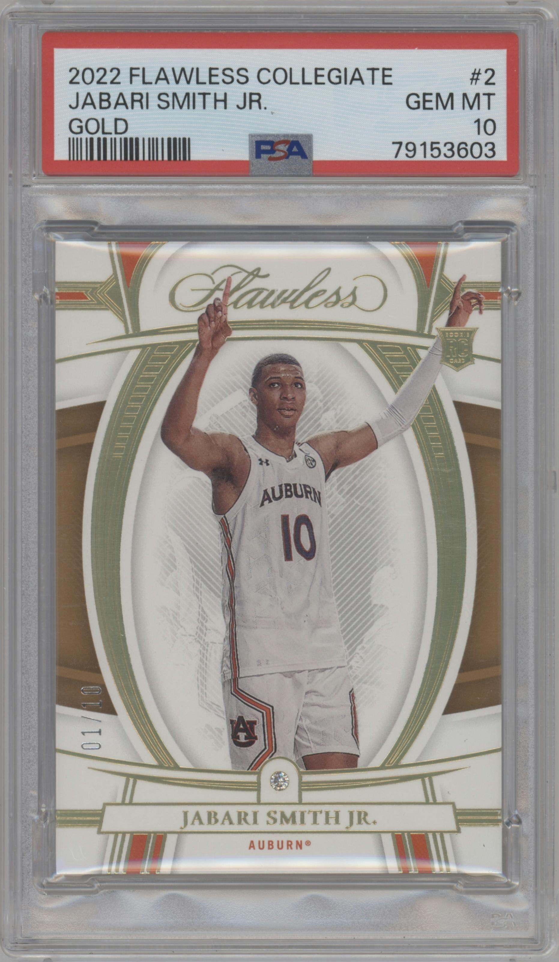 Jabari Smith Jr. from the 2022-23 Panini Flawless Collegiate set featuring a Gold parallel graded by PSA and given an overall grade of 10.