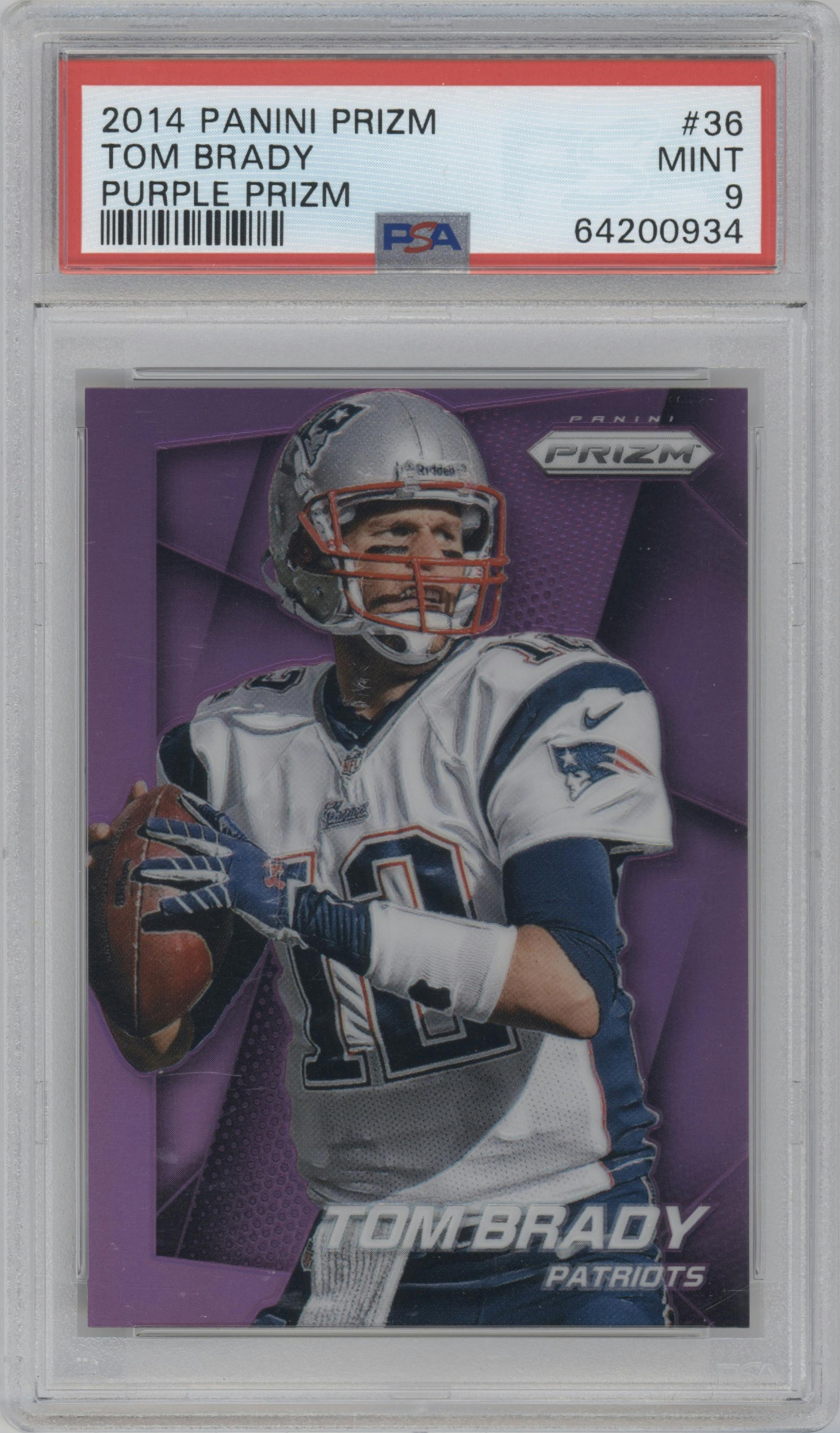 Tom Brady from the 2014 Panini Prizm set featuring a Purple Prizm  parallel graded by PSA and given an overall grade of 9.