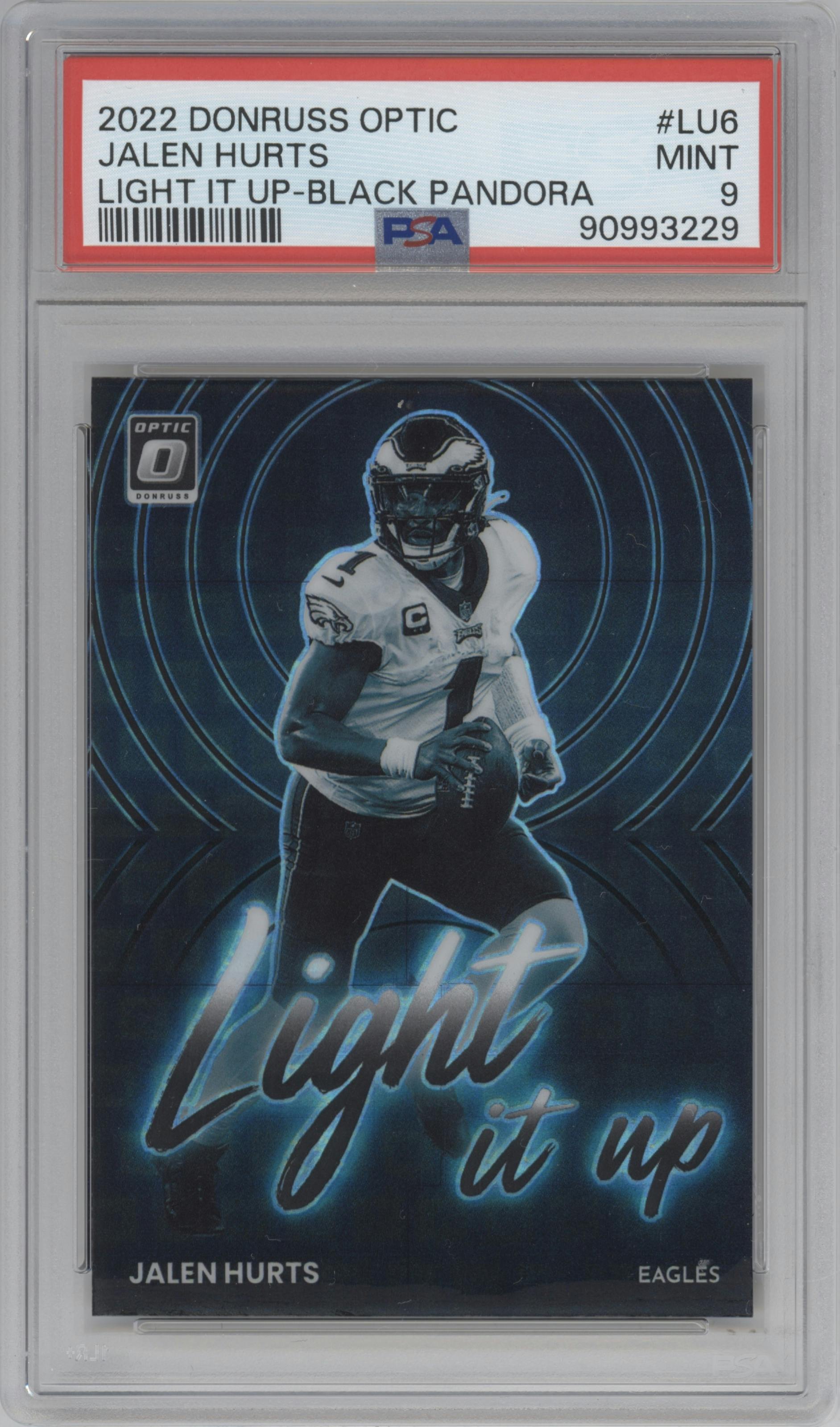 Jalen Hurts  from the 2022 Panini Donruss Optic set featuring a Pandora Black parallel graded by PSA and given an overall grade of 9.