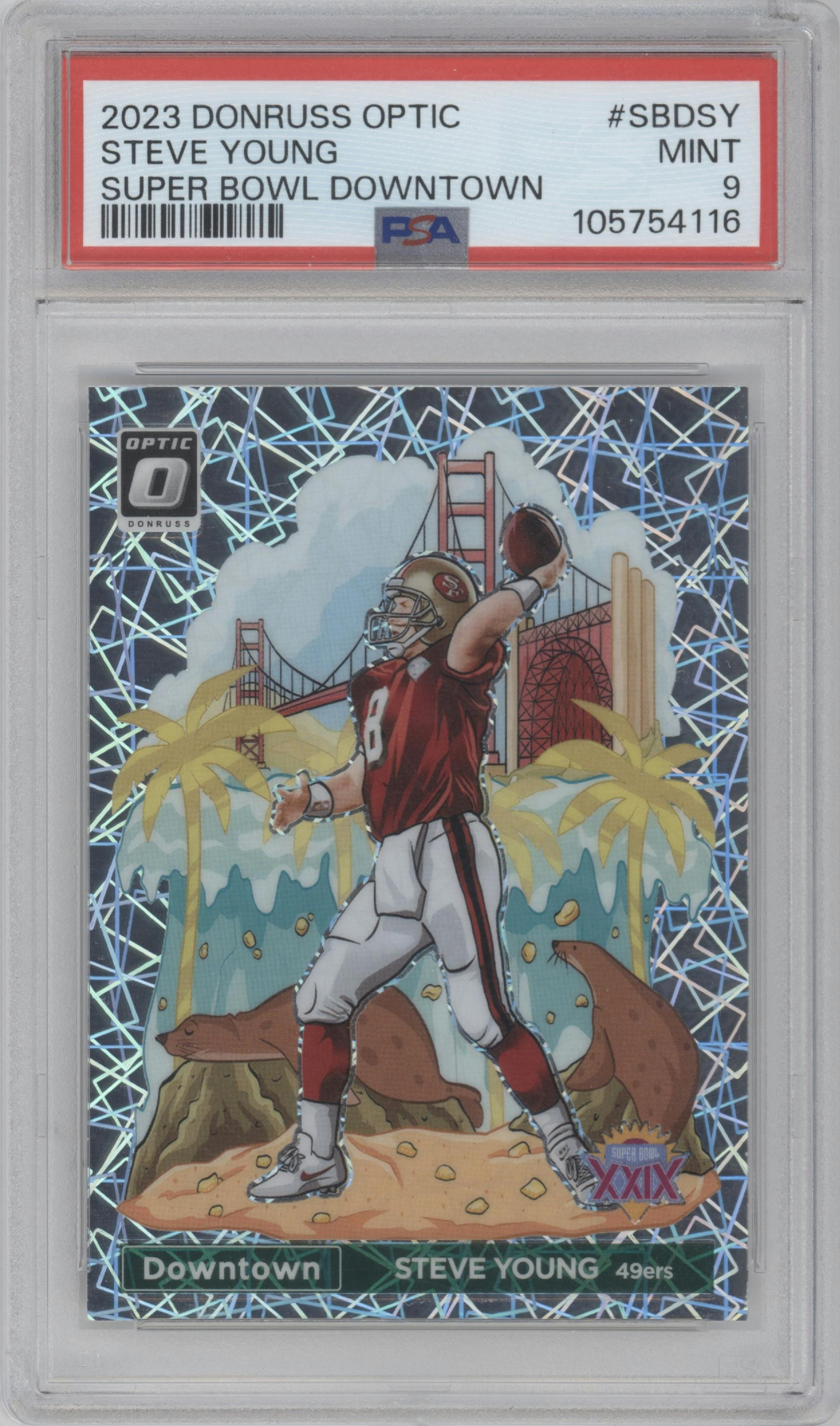 Steve Young from the 2023 Donruss Optic set graded by PSA and given an overall grade of 9.