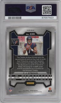 C.J. Stroud from the 2023 Panini Prizm set featuring a Lazer parallel graded by PSA and given an overall grade of 10.