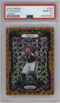 C.J. Stroud from the 2023 Panini Prizm set featuring a Lazer parallel graded by PSA and given an overall grade of 10.
