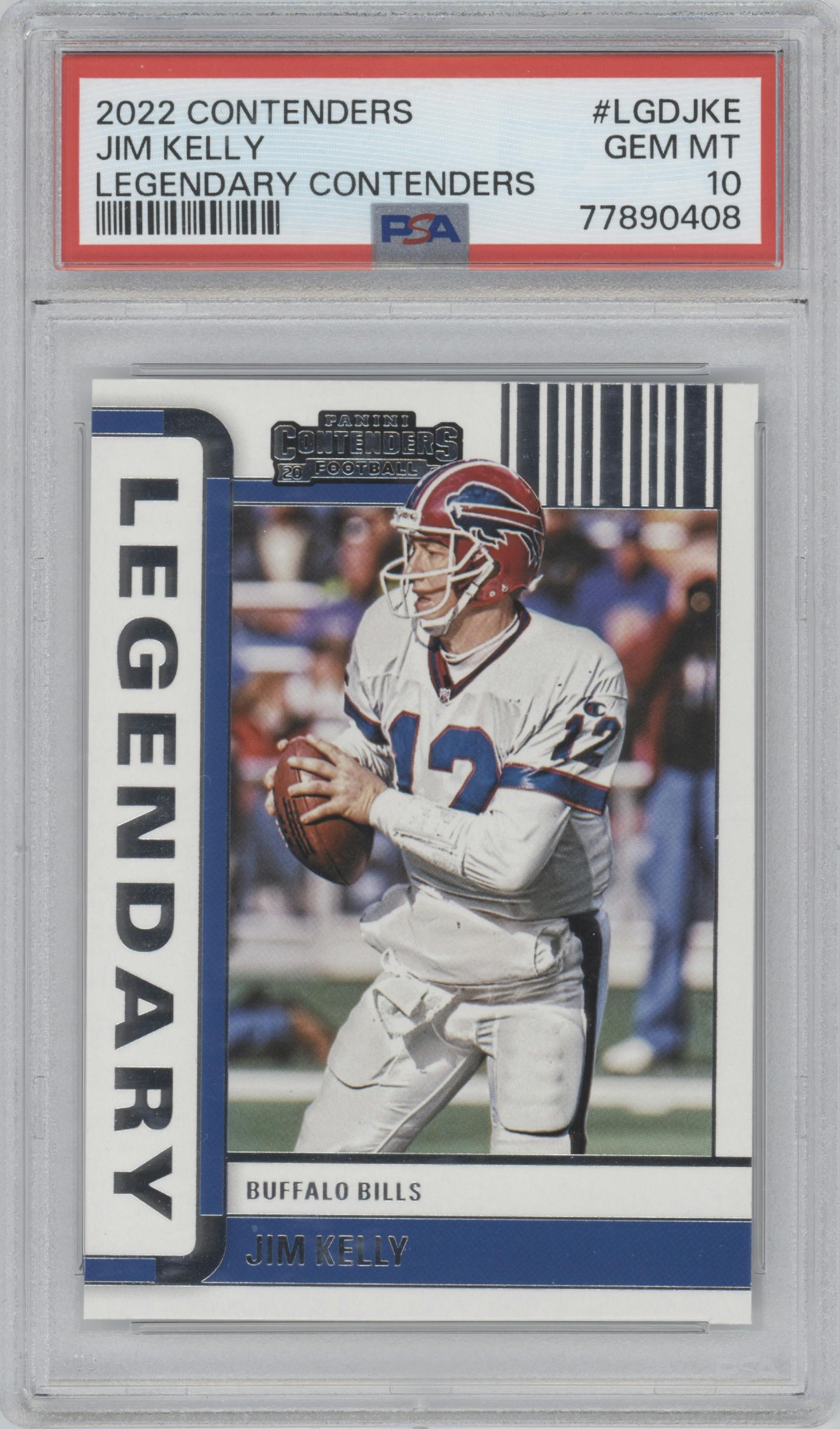 Jim Kelly from the 2022 Panini Contenders set graded by PSA and given an overall grade of 10.