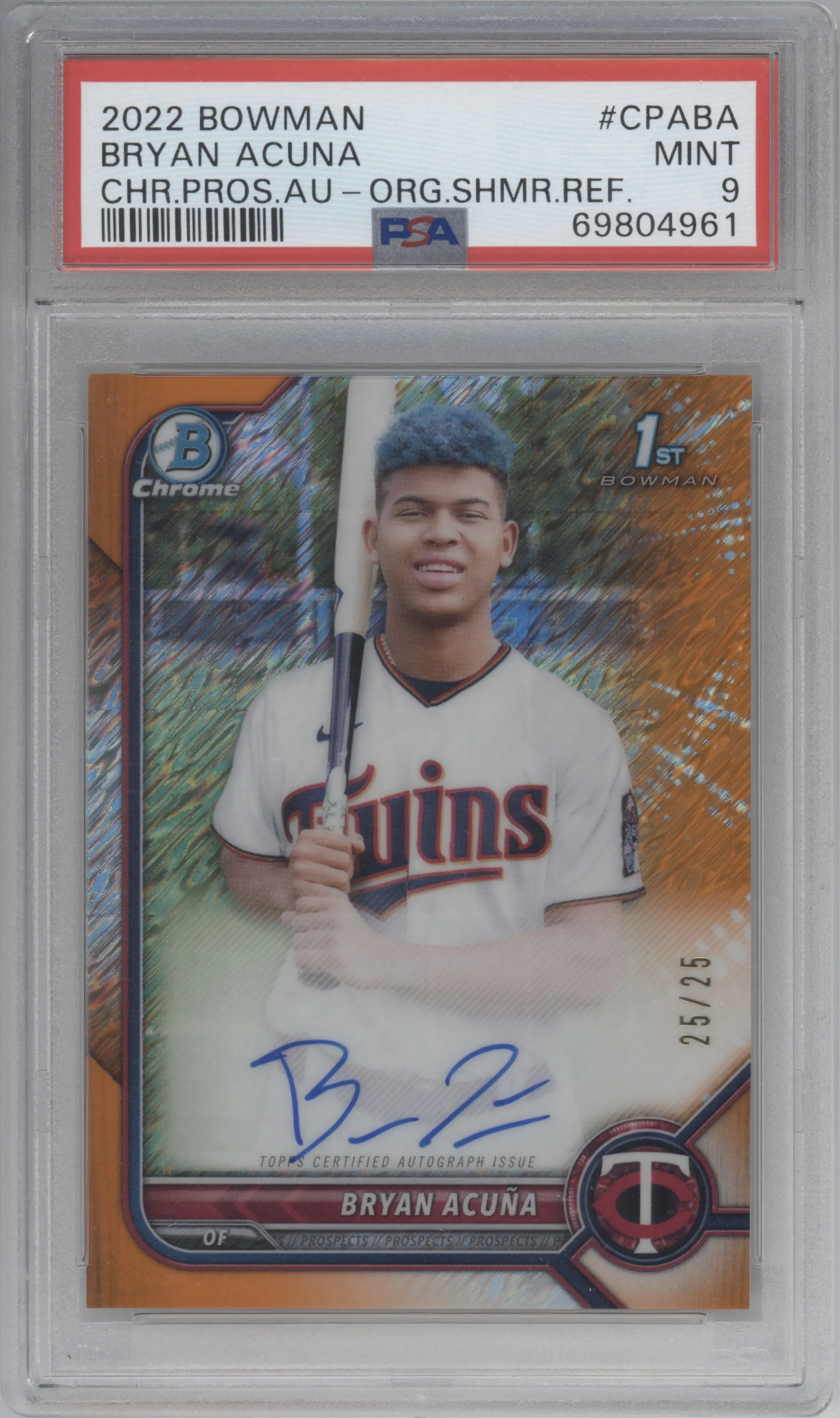 2022 Bowman Chr.Pros.Auto Bryan Acuna Orange Shimmer Refractor PSA 9