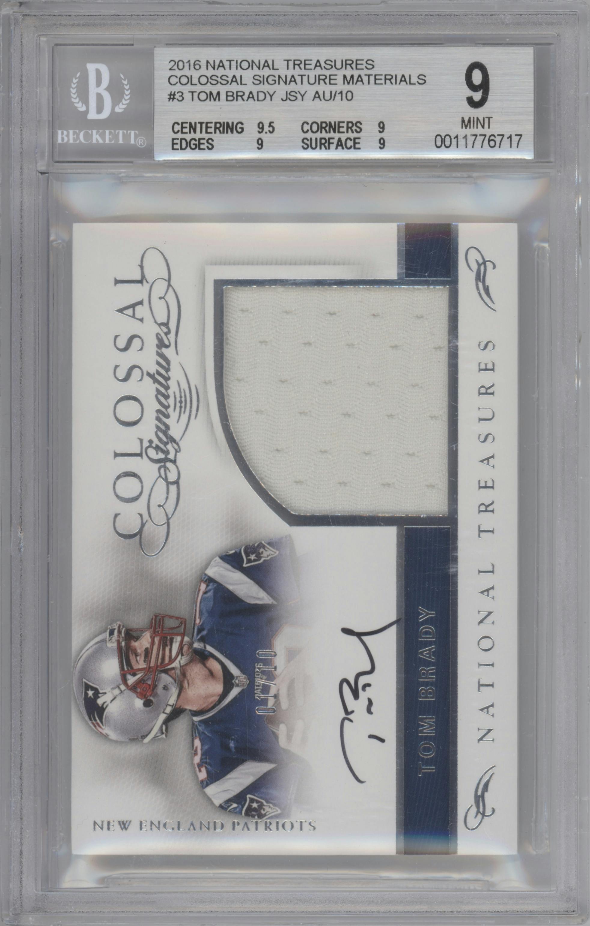 Tom Brady from the 2016 Panini National Treasures set graded by Beckett and given an overall grade of 9.