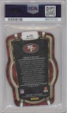 Brock Purdy from the 2022 Panini Select set featuring a Die-Cut Silver parallel graded by PSA and given an overall grade of 10.
