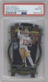 Brock Purdy from the 2022 Panini Select set featuring a Die-Cut Silver parallel graded by PSA and given an overall grade of 10.