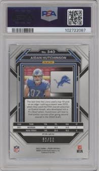 Aidan Hutchinson from the 2022 Panini Prizm set featuring a Blue Ice parallel graded by PSA and given an overall grade of 9.