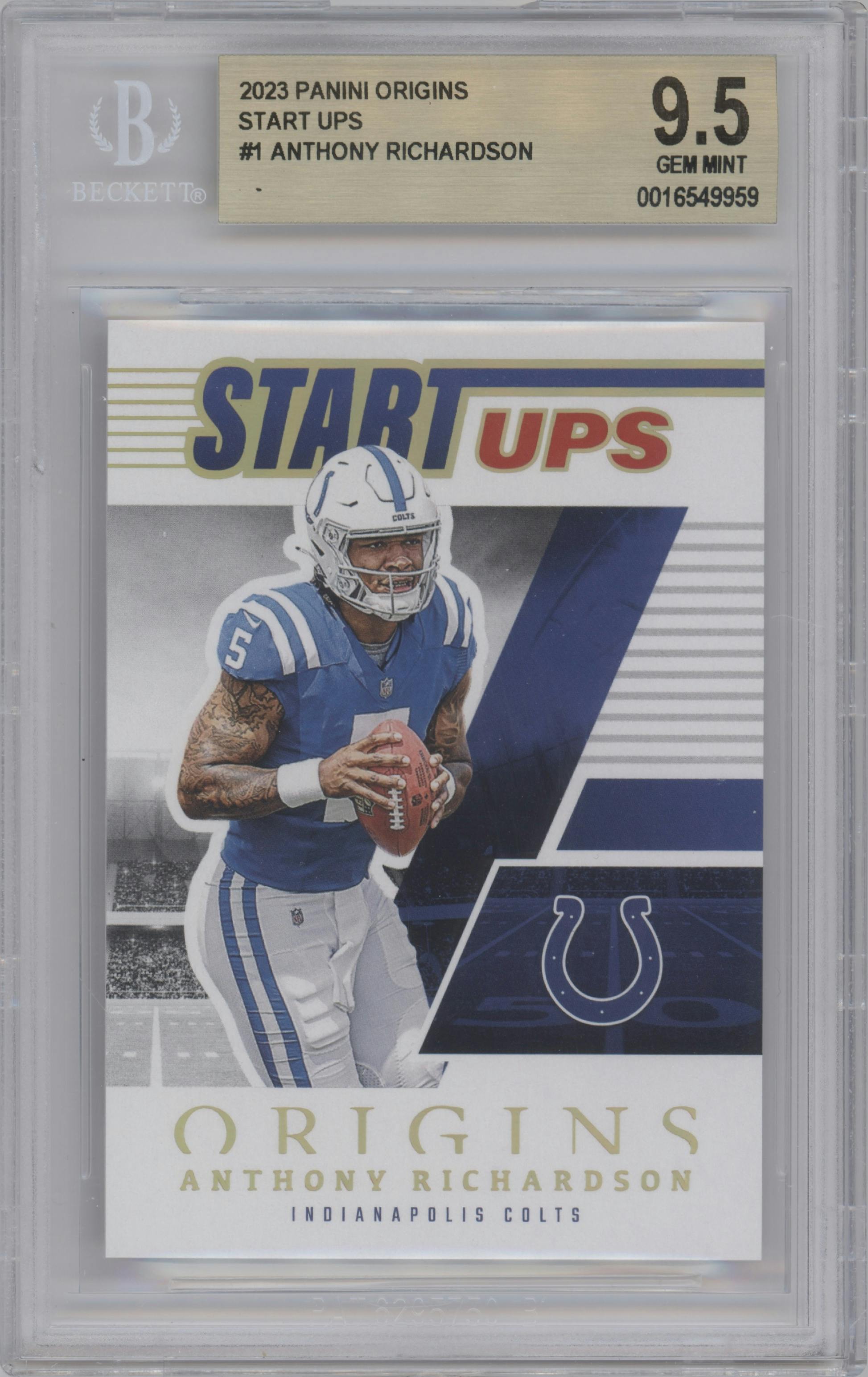 Anthony Richardson from the 2023 Panini Origins set graded by Beckett and given an overall grade of 9.5.