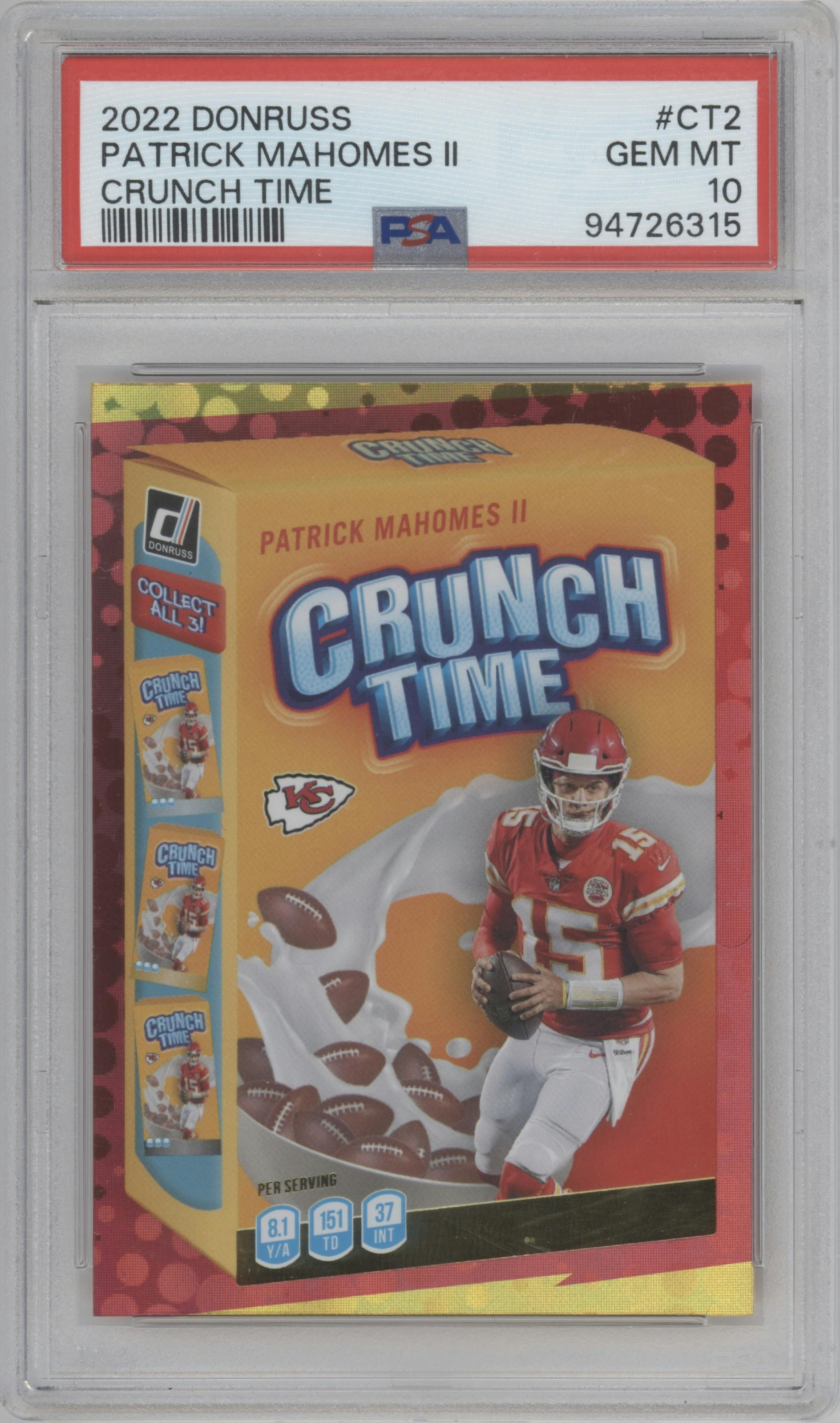 Patrick Mahomes II from the 2022 Panini Donruss set graded by PSA and given an overall grade of 10.