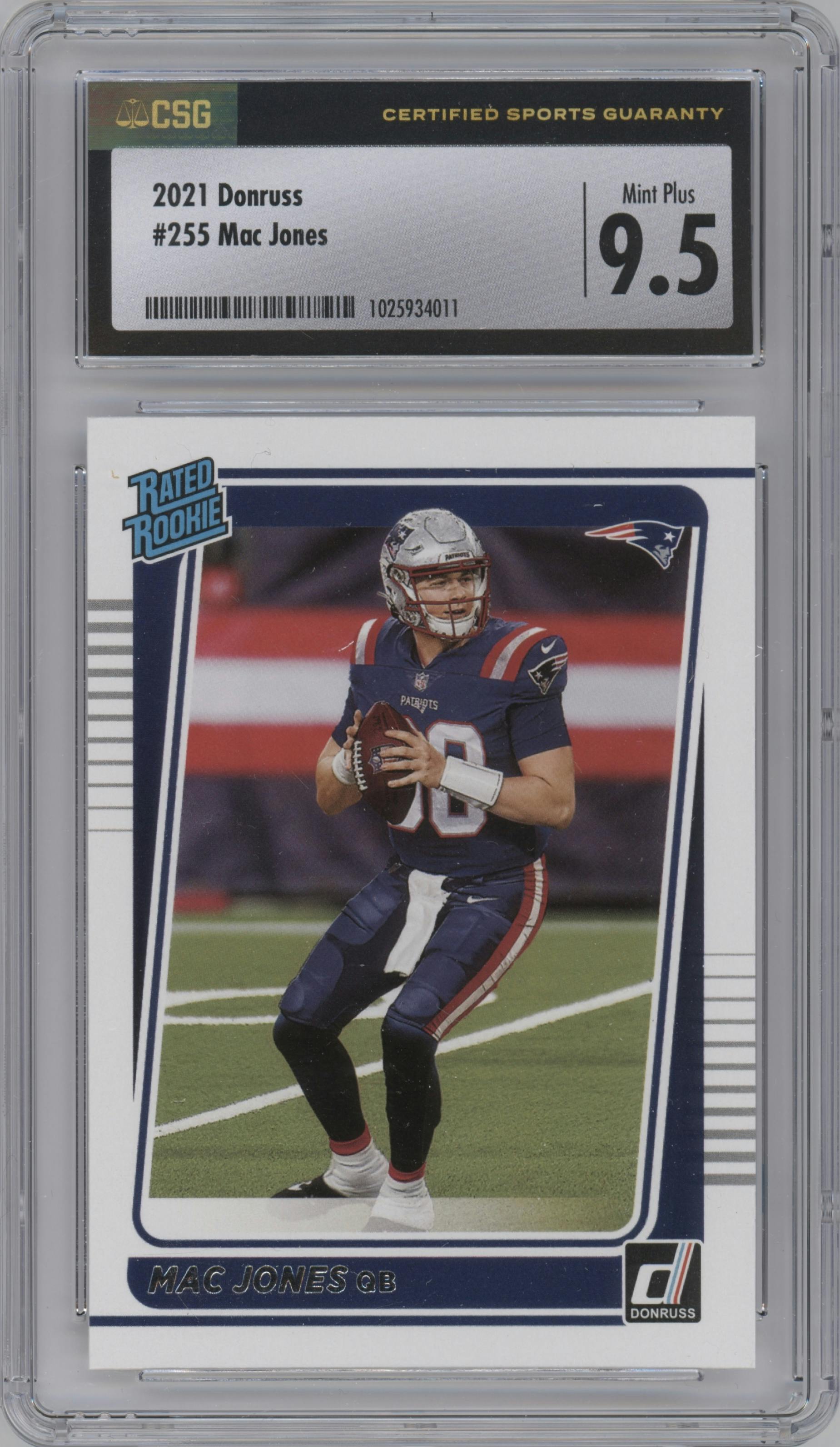Mac Jones from the 2021 Panini Donruss set graded by CSG and given an overall grade of 9.5.