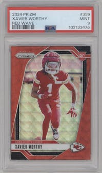 Xavier Worthy from the 2024 Panini Prizm set featuring a Red Wave parallel graded by PSA and given an overall grade of 9.