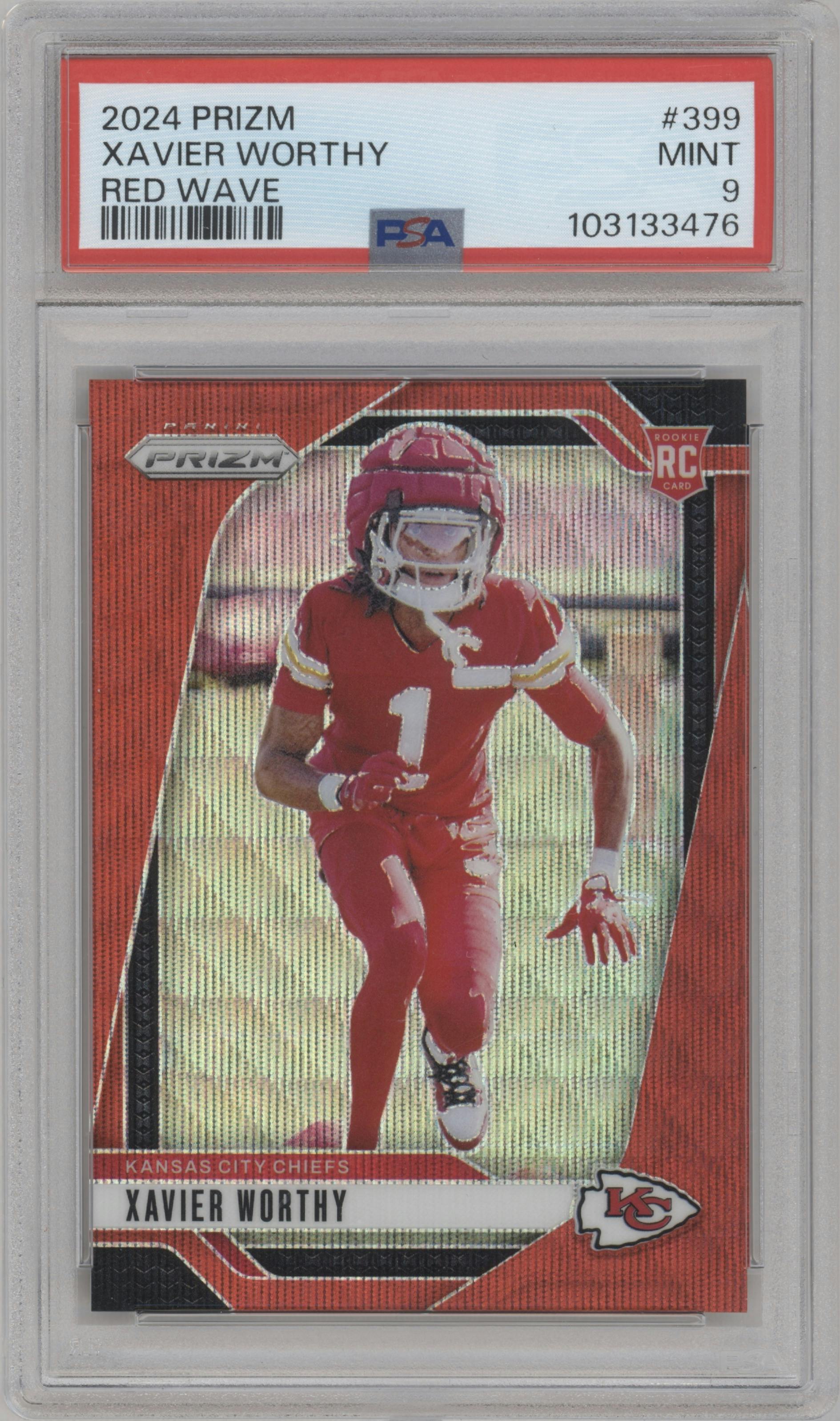 Xavier Worthy from the 2024 Panini Prizm set featuring a Red Wave parallel graded by PSA and given an overall grade of 9.