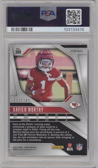 Xavier Worthy from the 2024 Panini Prizm set featuring a Red Wave parallel graded by PSA and given an overall grade of 9.