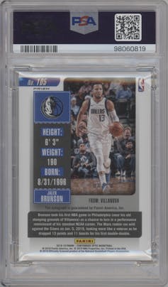 Jalen Brunson from the 2018-19 Panini Contenders Optic set featuring a Gold parallel graded by PSA and given an overall grade of 9.
