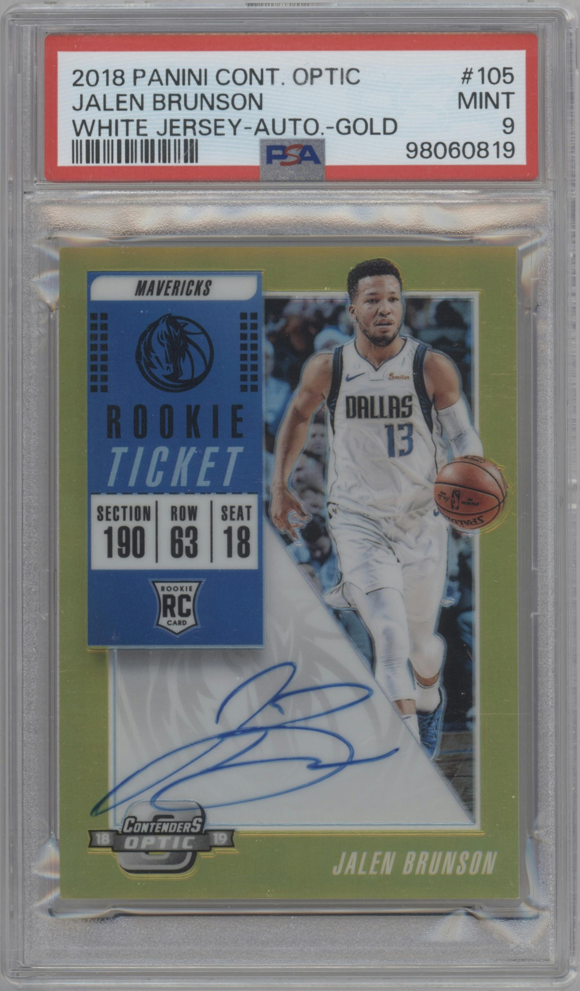 Jalen Brunson from the 2018-19 Panini Contenders Optic set featuring a Gold parallel graded by PSA and given an overall grade of 9.