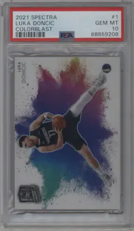 Luka Doncic from the 2021-22 Panini Spectra set graded by PSA and given an overall grade of 10.