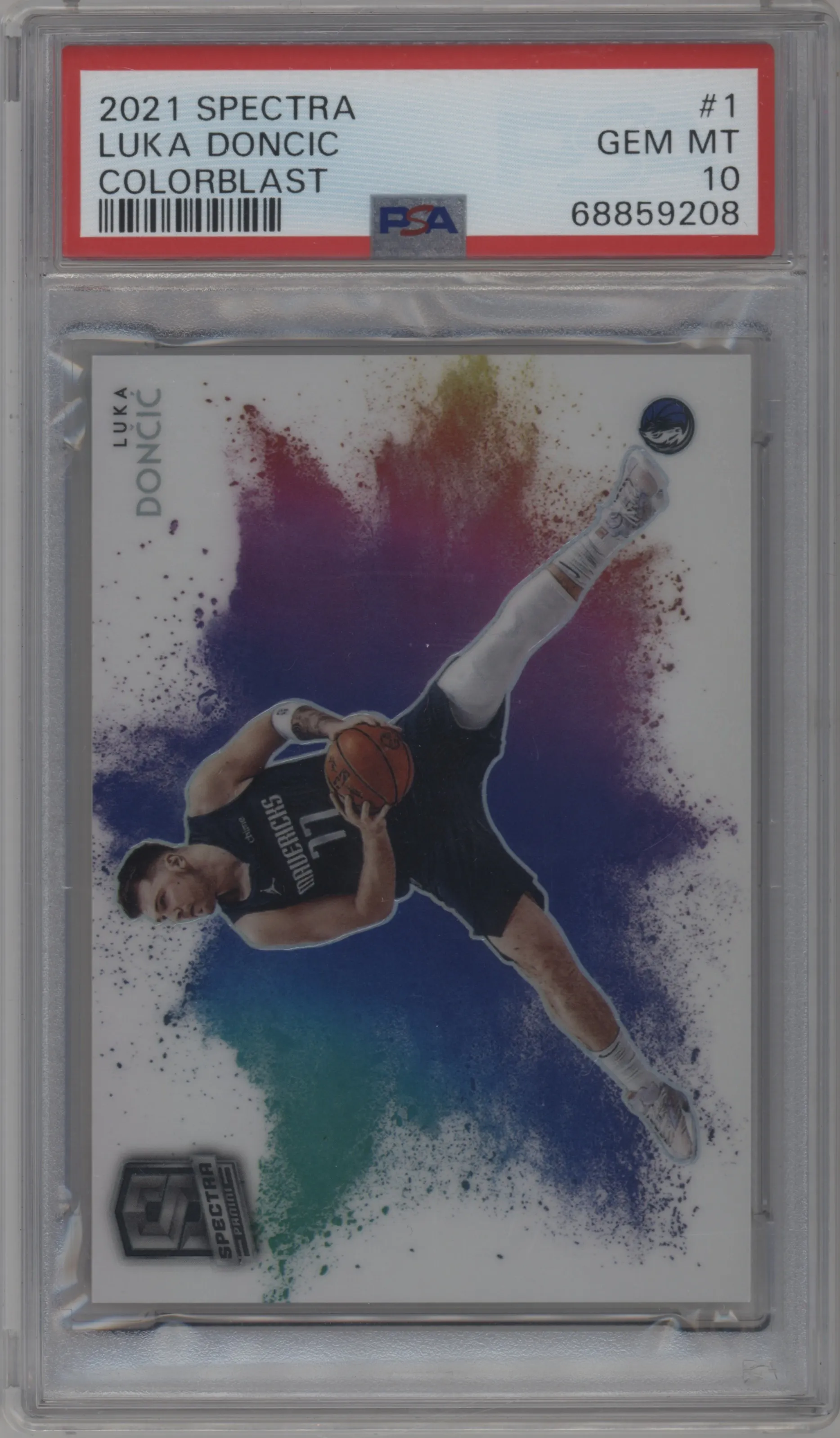 Luka Doncic from the 2021-22 Panini Spectra set graded by PSA and given an overall grade of 10.