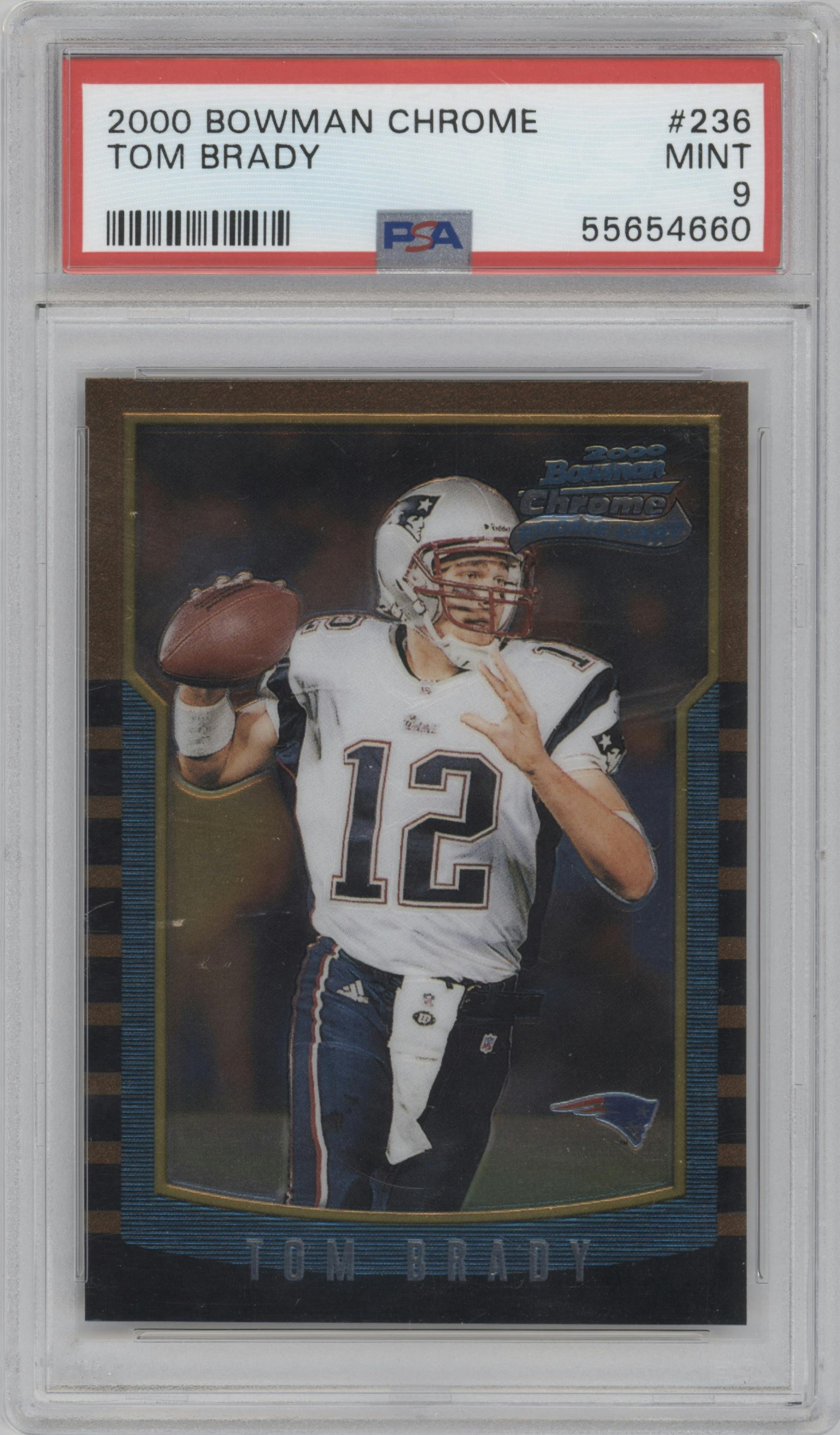 Tom Brady from the 2000 Bowman Chrome set graded by PSA and given an overall grade of 9.