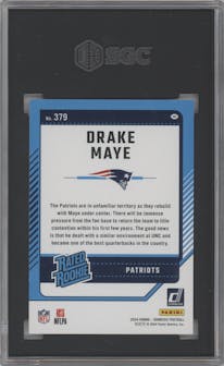 Drake Maye from the 2024 Donruss set graded by SGC and given an overall grade of 10.