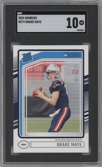 Drake Maye from the 2024 Donruss set graded by SGC and given an overall grade of 10.