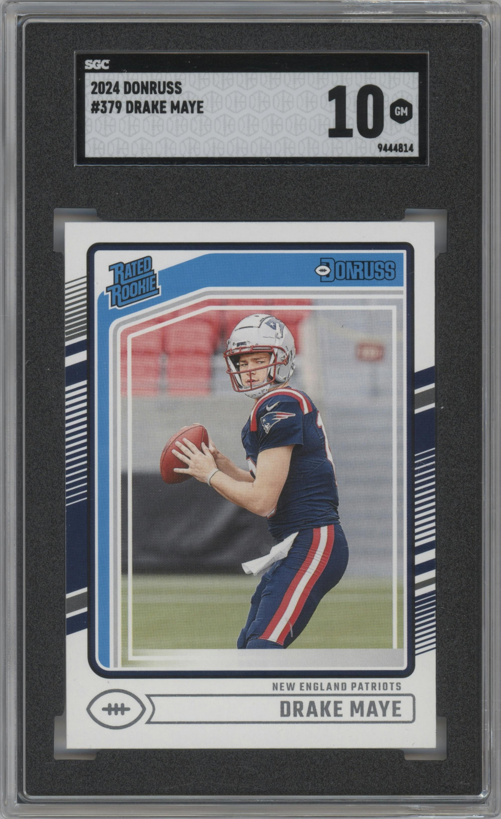 Drake Maye from the 2024 Donruss set graded by SGC and given an overall grade of 10.