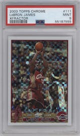 LeBron James from the 2003-04 Topps Chrome set featuring a X-Fractor parallel graded by PSA and given an overall grade of 9.