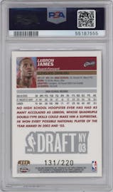 LeBron James from the 2003-04 Topps Chrome set featuring a X-Fractor parallel graded by PSA and given an overall grade of 9.