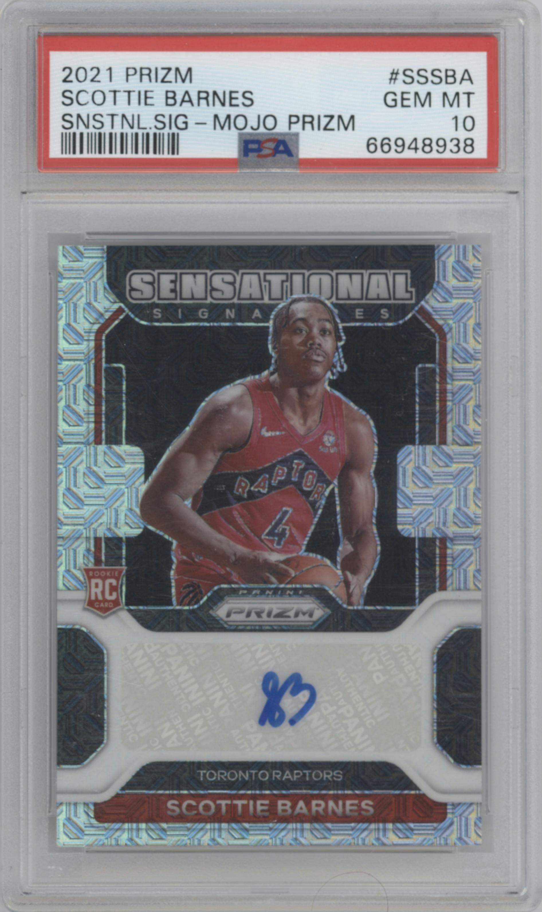 Scottie Barnes  from the 2021-22 Panini Prizm  set featuring a Mojo parallel graded by PSA and given an overall grade of 10.