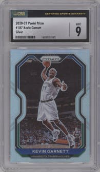 Kevin Garnett from the 2020-21 Panini Prizm set featuring a Silver Prizm parallel graded by CSG and given an overall grade of 9.