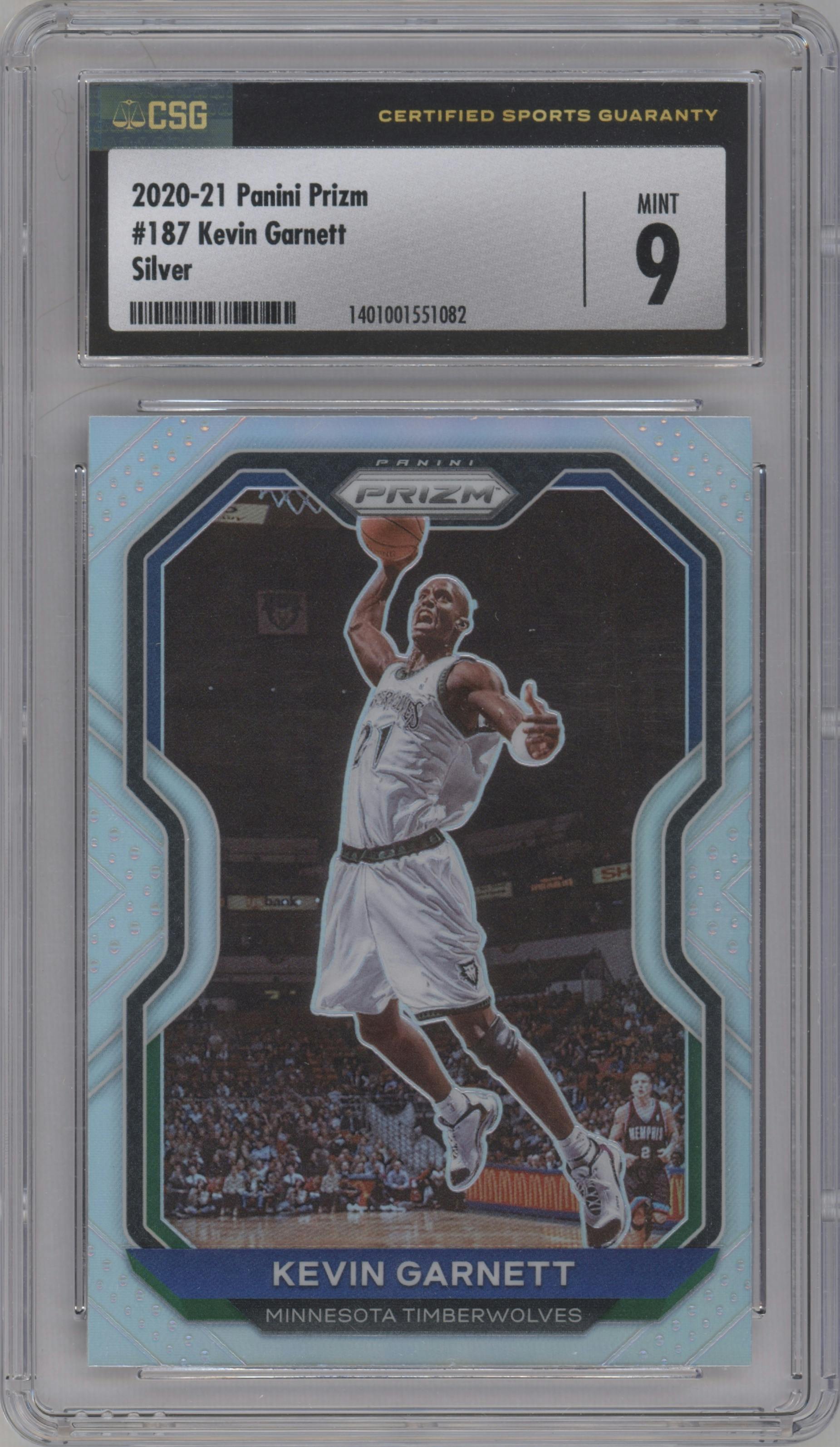 Kevin Garnett from the 2020-21 Panini Prizm set featuring a Silver Prizm parallel graded by CSG and given an overall grade of 9.